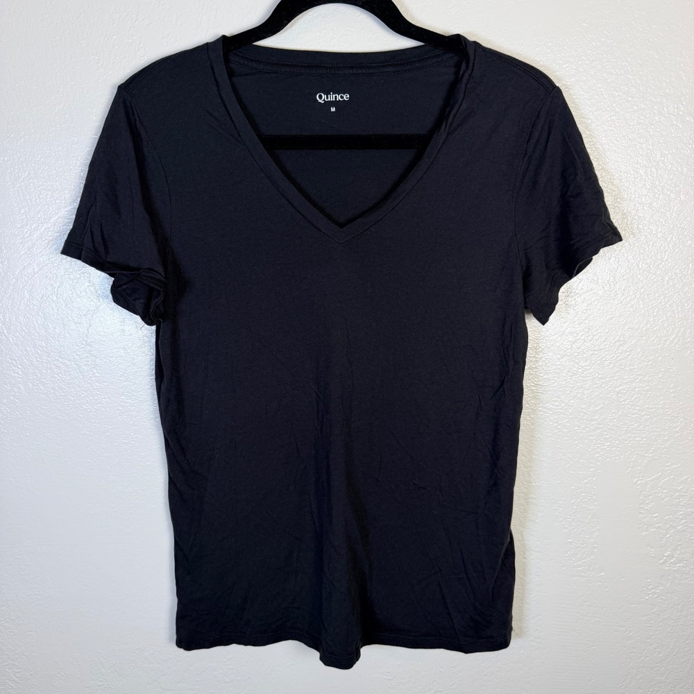 Quince Women's M Black Cotton Modal V Neck Tee Short Sleeve Shirt Layering